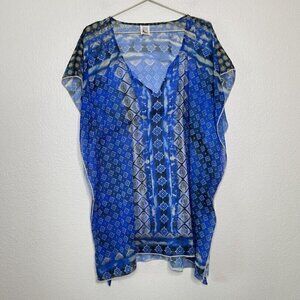 Becca Coverup M/L Boho Hippie Caftan Batik Pull Over Tunic Resort Sheer Swim